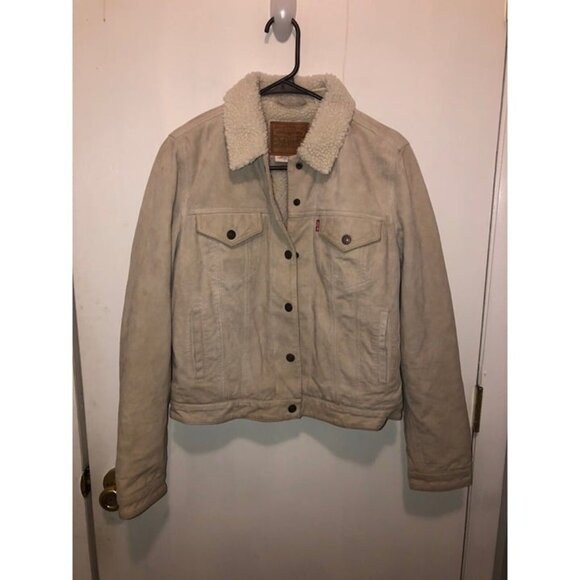 Levi's Womens Medium Suede Sherpa Lined Trucker Jacket Snaps Closed Pockets